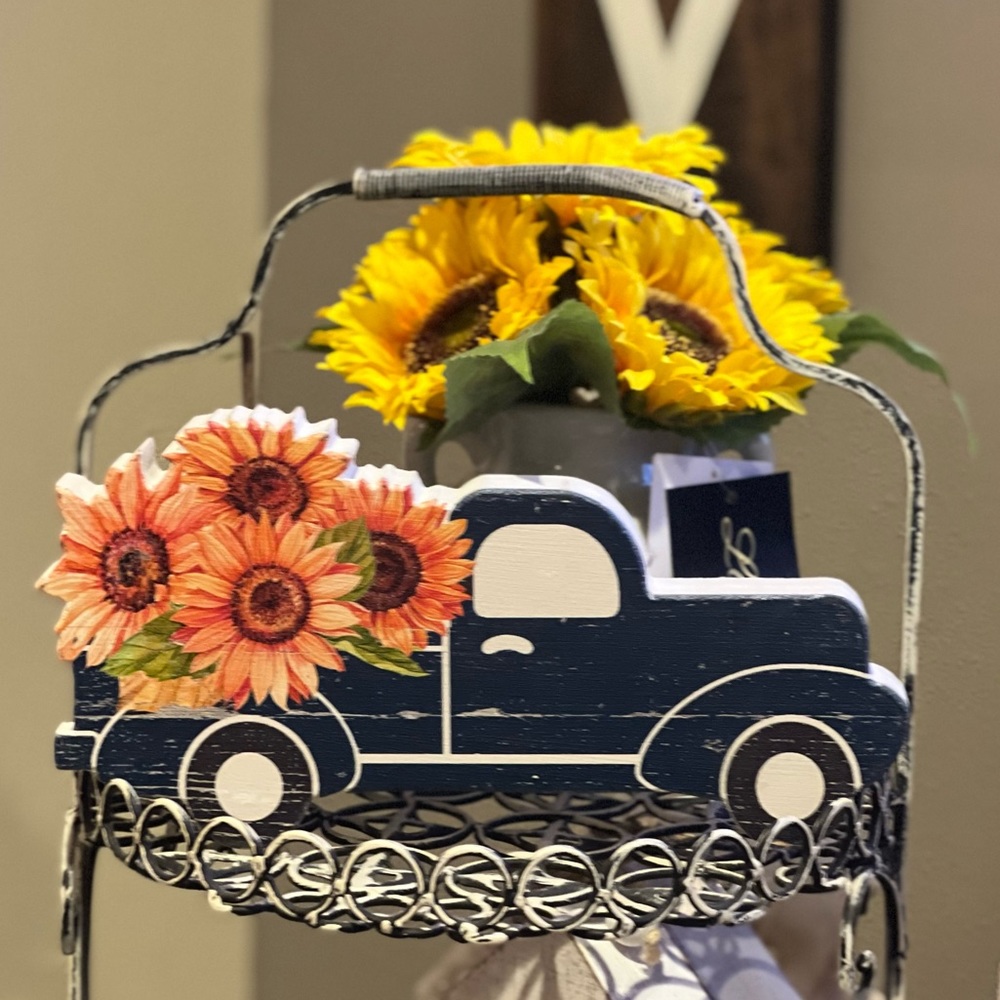 Farmhouse Blue Vintage Truck with Sunflowers